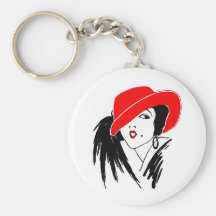 Art Deco Beautiful Woman Red Hat Keychain