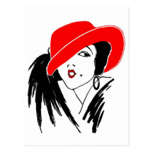 Art Deco Beautiful Woman Red Hat Postcards