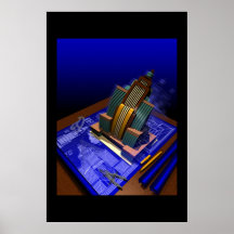 Art Deco Building Emerging from Blueprint