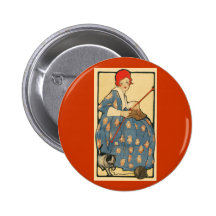 Art Nouveau -Girl knitting with her cat Pin