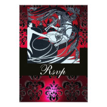 ART NOUVEAU RED BLACK WHITE DAMASK RSVP ,ruby Invitation