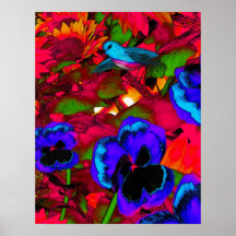 Art Poster Red Blue Flowers And Blue Bird