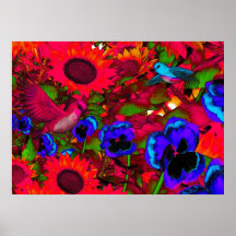 Art Poster Red Flowers And Birds