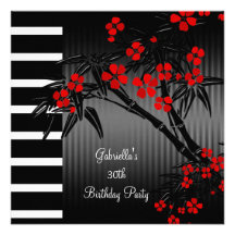 Asian Red Floral Black White Bamboo 30th Birthday Invites