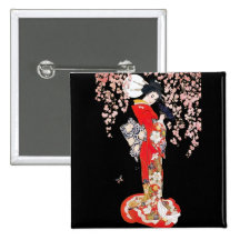 Asian Woman with Cherry Blossom Night Pinback Buttons