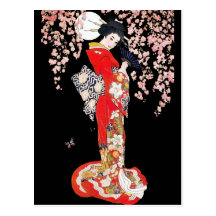 Asian Woman with Cherry Blossom Night Postcard