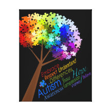 Autism Awareness Rainbow Puzzle Tree with Words Stretched Canvas Print