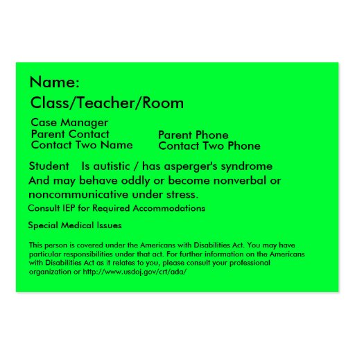 Autistic Student Card V2 Business Card Template
