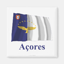 Azores Waving Flag with Name in Portuguese Fridge Magnet