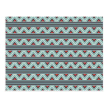Aztec Zig Zag and Stripes Blue Red Pattern Postcard