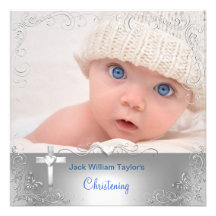 Baby Boy Baptism Christening Silver Cross Personalized Invite