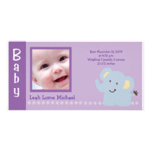 Baby Elephant Purple 4x8 PHOTO Birth announcement Custom Photo Card