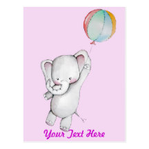 Baby Elephant with Balloon Pink Postcard