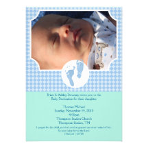Baby Feet Blue Baptism Dedication 5x7 photo Personalised Invite