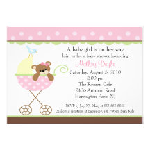 Baby Girl Bear Carriage Baby Shower Invitation