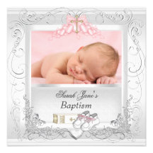 Baby Girl Christening Baptism White Pink Personalized Announcements