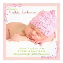 Baby Girl Photo Birth Announcement Soft Pink Swirl