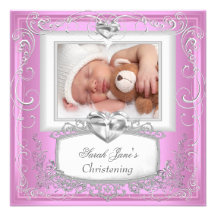 Baby Girl Pink Christening Baptism Cross White Custom Invitations