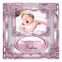 Baby Girl Pink Christening Baptism Cross White Personalized Announcements