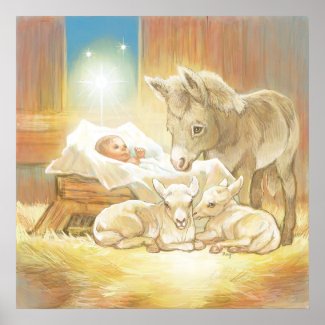 Christian Poster: Baby Jesus Nativity with Lambs and Donkey