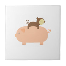 Baby Monkey Riding Backwards on a Pig Ceramic Tile
