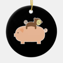 Baby Monkey Riding Backwards on a Pig Christmas Tree Ornament