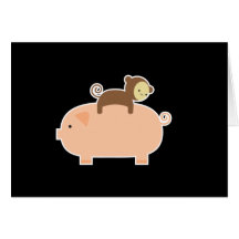 Baby Monkey Riding on a Pig Greeting Cards