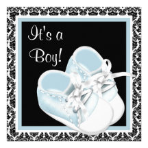 Baby Shoes Black Blue Damask Baby Boy Shower Personalised Invitation