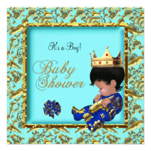 Baby Shower Blue Gold Boy crown prince Personalized Announcements