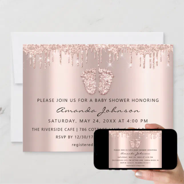 Baby Shower Feet Glitter Rose Gold Drips Boy Girl Invitation Zazzle