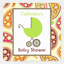 Baby Shower Green Carriage & Paisley Square Stickers