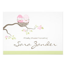 Baby Shower Invitation - Twin Pink Baby Birds