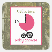 Baby Shower Pink Carriage & Camouflage Square Stickers