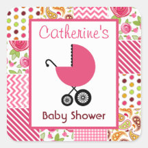 Baby Shower Pink Carriage & Girly Patchwork Stickers