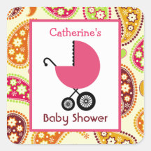 Baby Shower Pink Carriage & Paisley Square Stickers