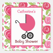 Baby Shower Pink Carriage & Roses Square Stickers