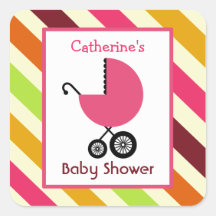 Baby Shower Pink Carriage & Stripes Stickers