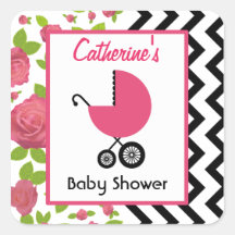 Baby Shower Pink Carriage Zigzag & Floral Sticker
