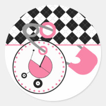 Baby Shower Sticker - Argyle & Pink Diaper Pin