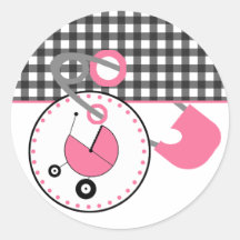 Baby Shower Sticker - Gingham & Pink Diaper Pin