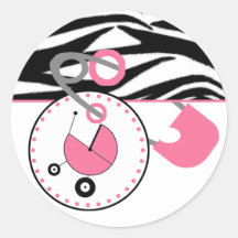 Baby Shower Sticker -Zebra Print & Pink Diaper Pin