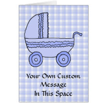 Baby Stroller. Light Blue on Check Pattern. Cards