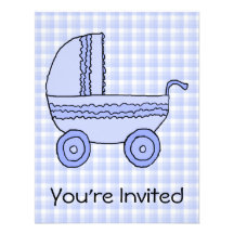 Baby Stroller. Light Blue on Check Pattern. Custom Invite