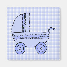 Baby Stroller. Light Blue on Check Pattern. Refrigerator Magnets