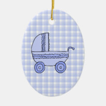 Baby Stroller. Light Blue on Check Pattern. Christmas Ornaments