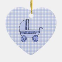 Baby Stroller. Light Blue on Check Pattern. Christmas Tree Ornament