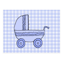 Baby Stroller. Light Blue on Check Pattern. Postcards