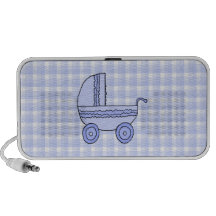 Baby Stroller. Light Blue on Check Pattern. Mp3 Speakers