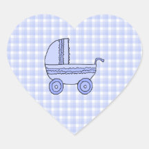 Baby Stroller. Light Blue on Check Pattern. Heart Stickers