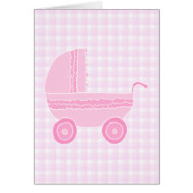 Baby Stroller. Light Pink on Pink Gingham. Card